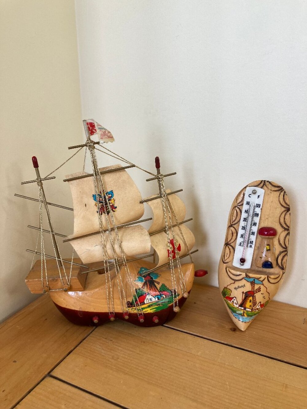 Dutch Wooden Shoe Galleon Frigate Ship + Hanging Thermometer Holland Wood Decor
